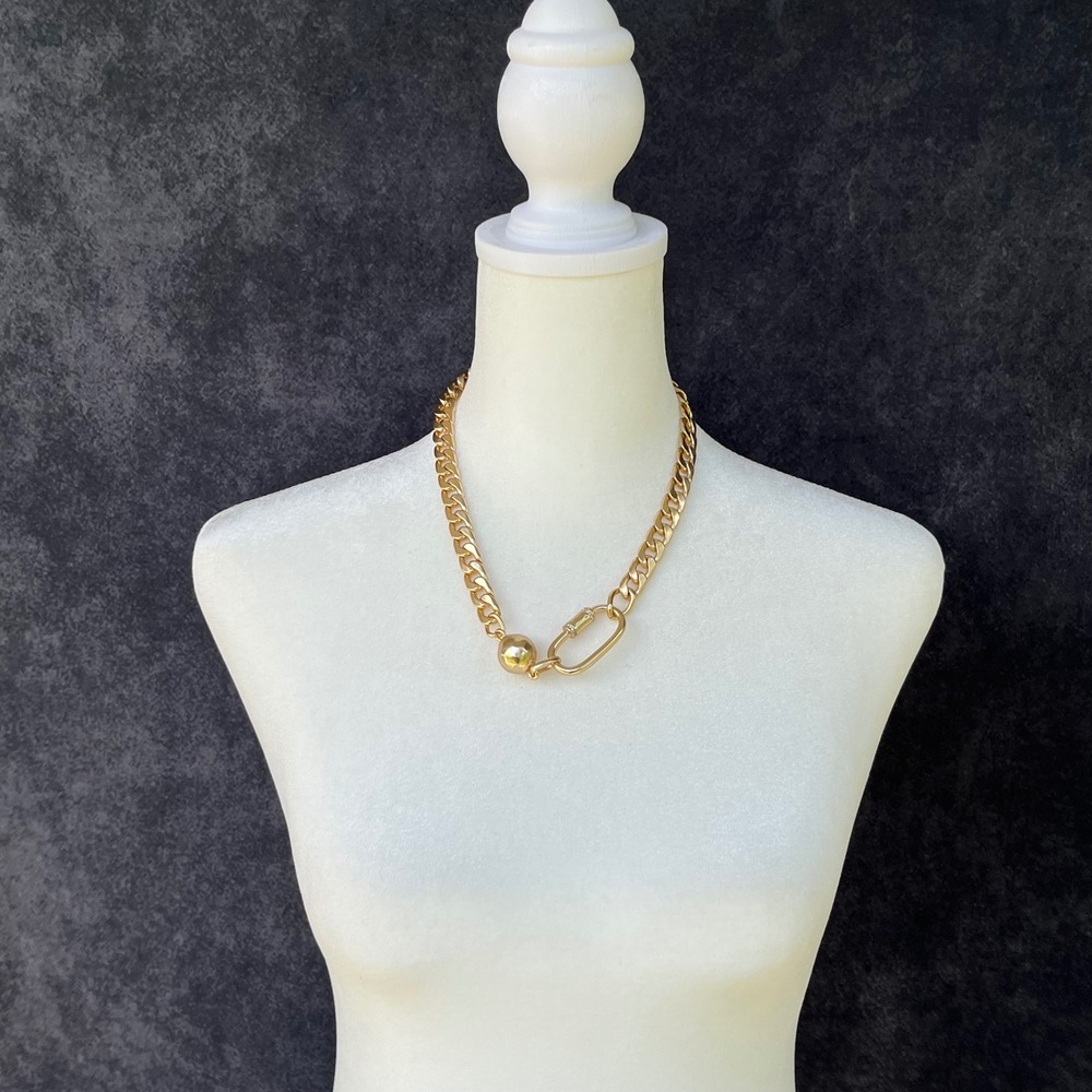 Chicos Gold Tone Chunky Curb Chain Carabiner Pave Rhinestone Necklace Womens